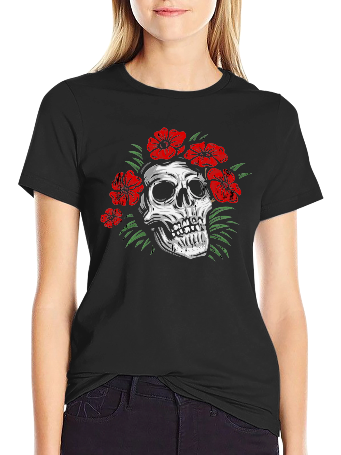 Skull Floral Graphic Print T-Shirt
