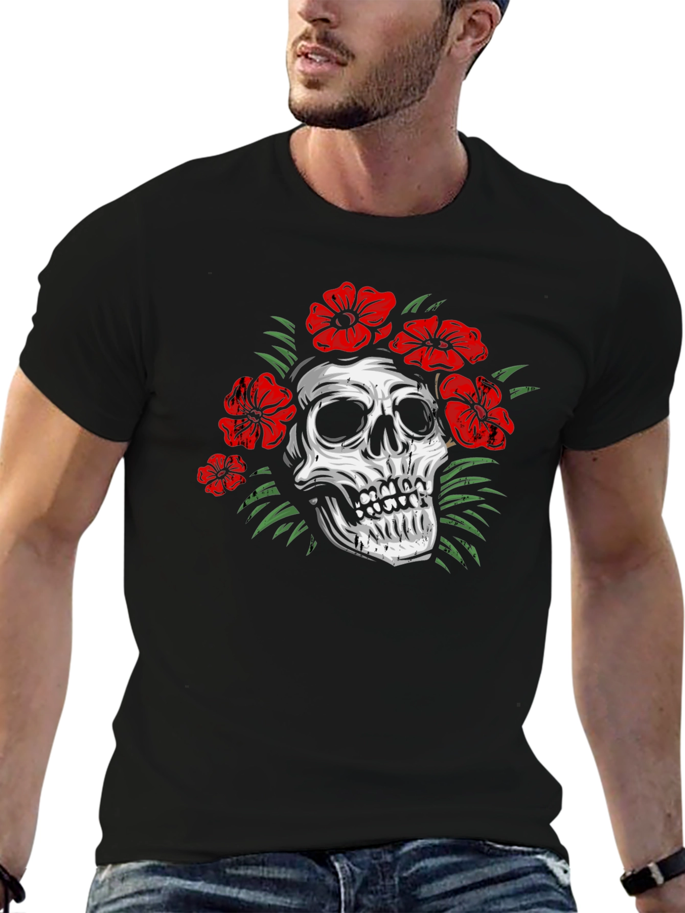 Skull Floral Graphic Print T-Shirt