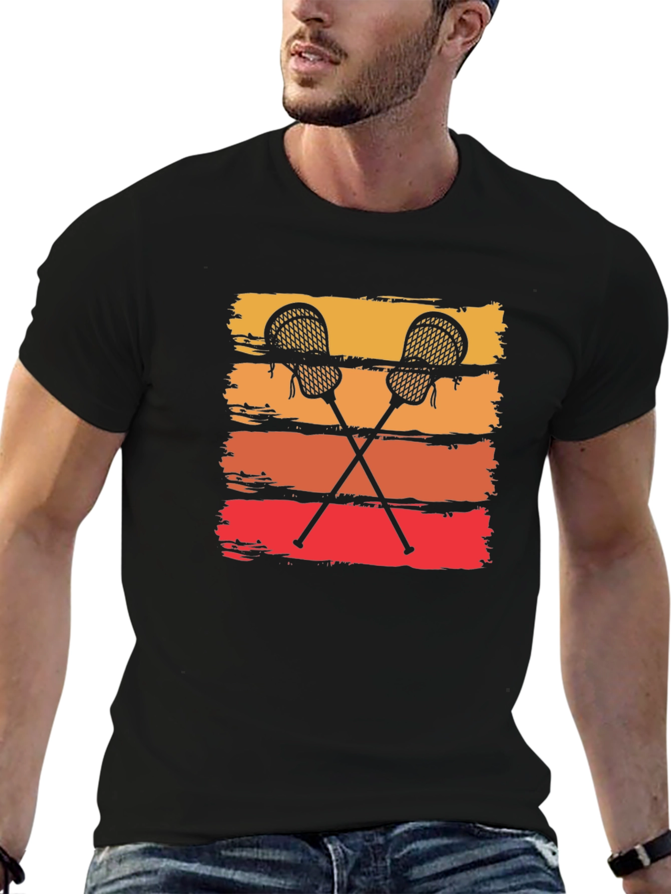 Retro Lacrosse Sticks Tee - Sunset Stripes Graphic T-Shirt
