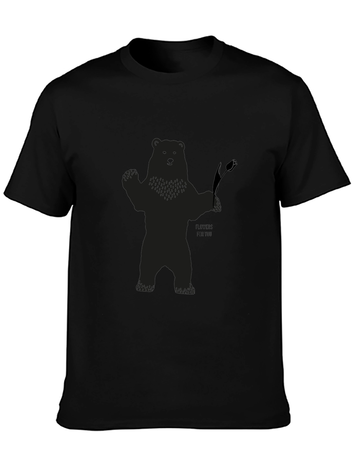 Bear Holding Flower Graphic T-Shirt - Black