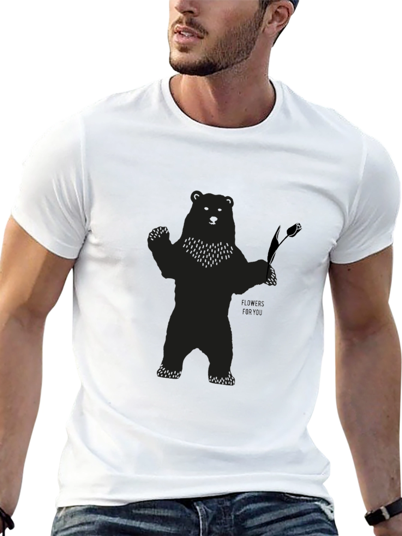 Bear Holding Flower Graphic T-Shirt - Black