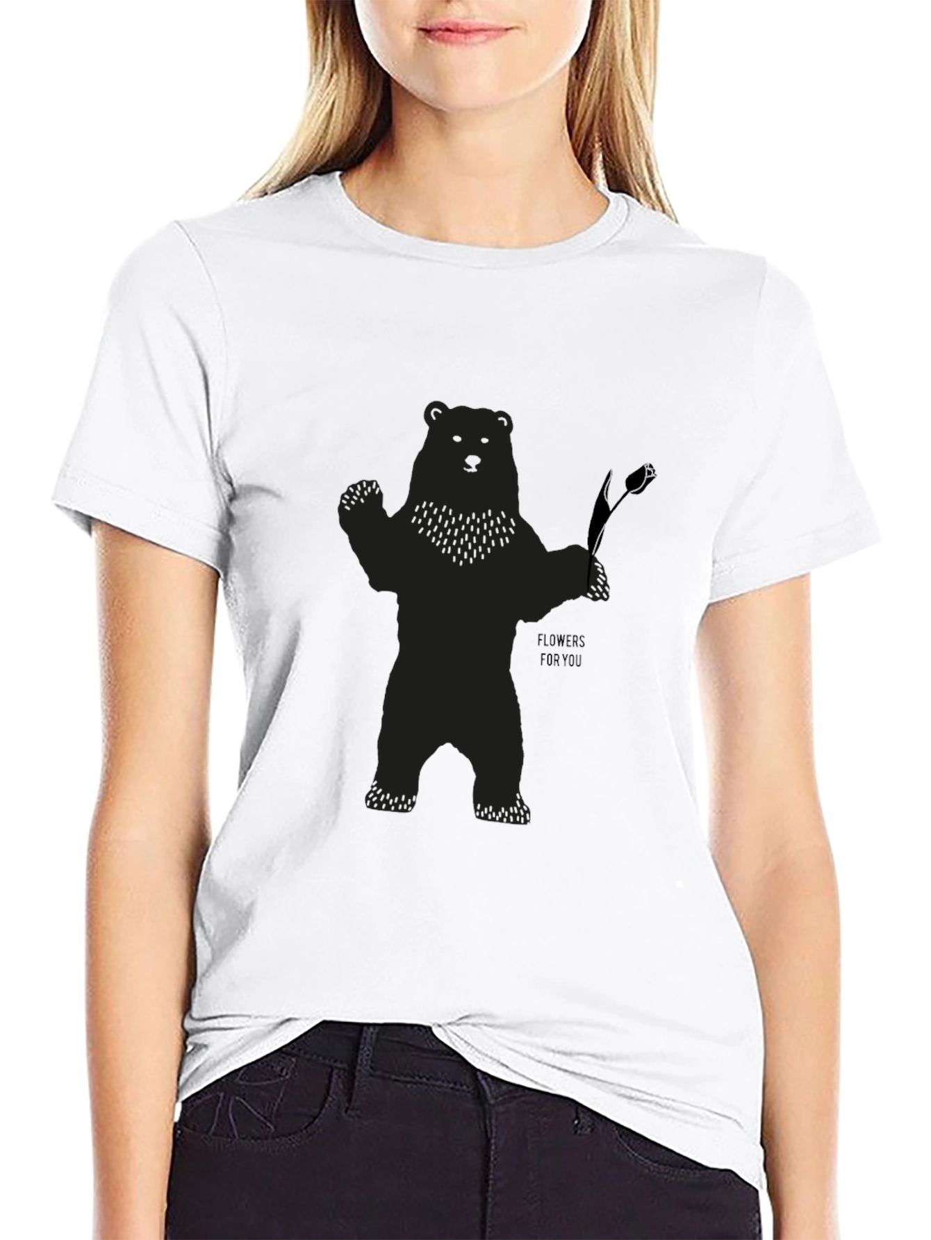 Bear Holding Flower Graphic T-Shirt - Black