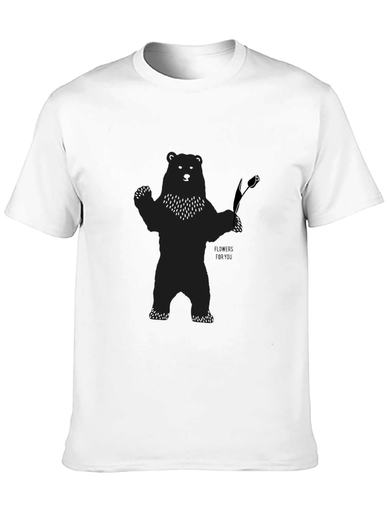 Bear Holding Flower Graphic T-Shirt - Black
