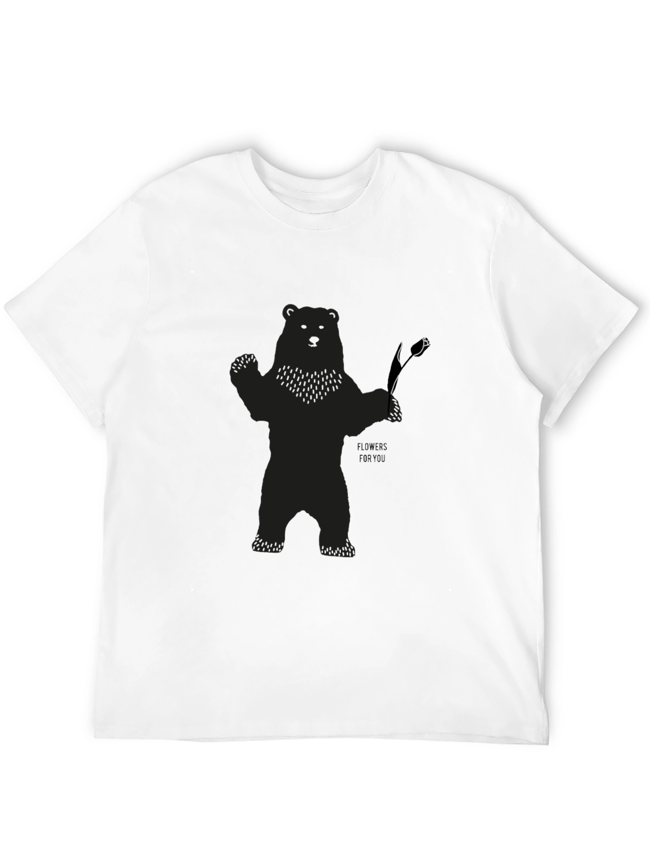 Bear Holding Flower Graphic T-Shirt - Black