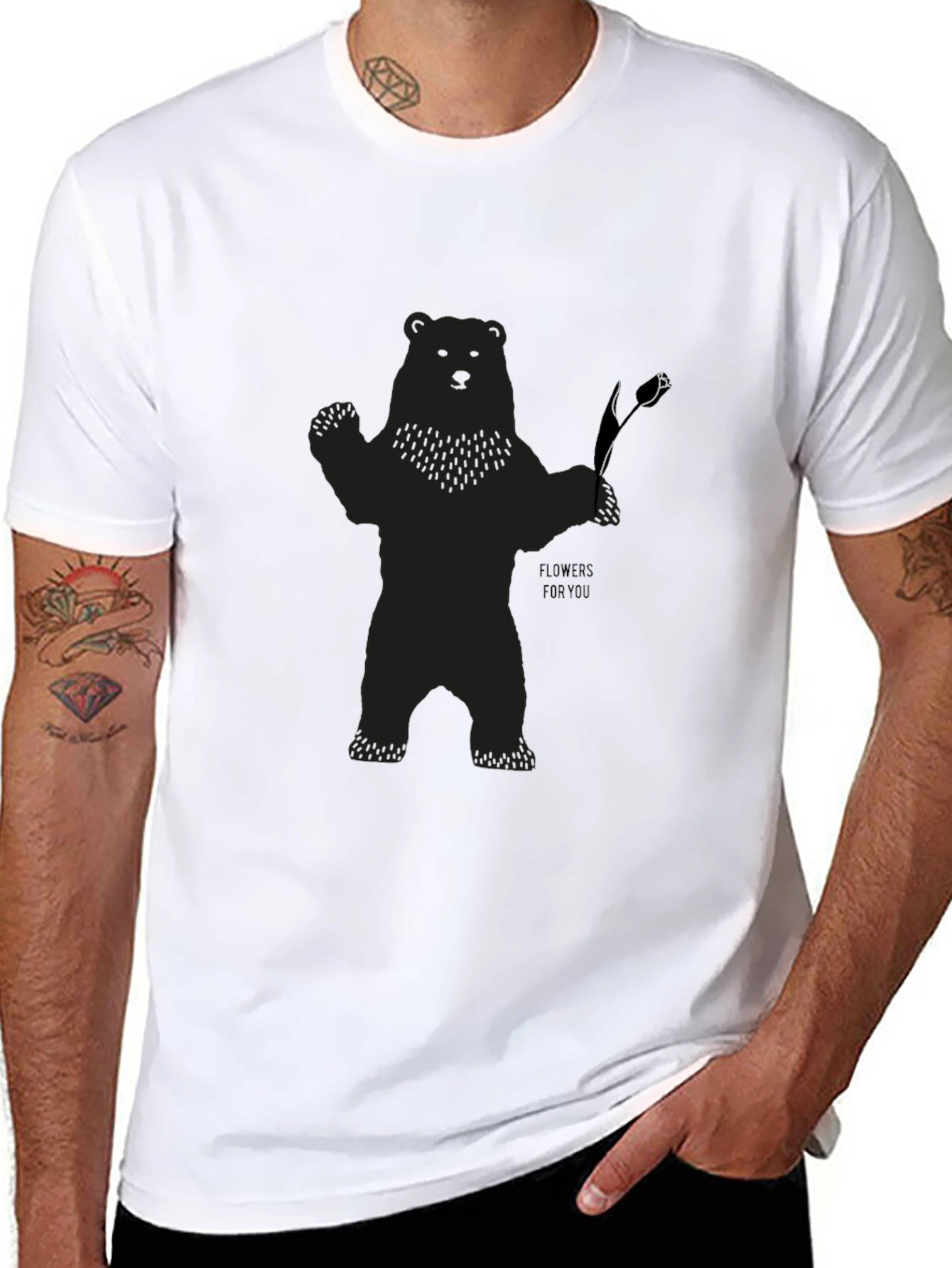 Bear Holding Flower Graphic T-Shirt - Black