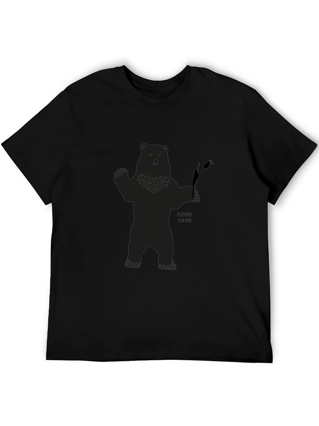 Bear Holding Flower Graphic T-Shirt - Black