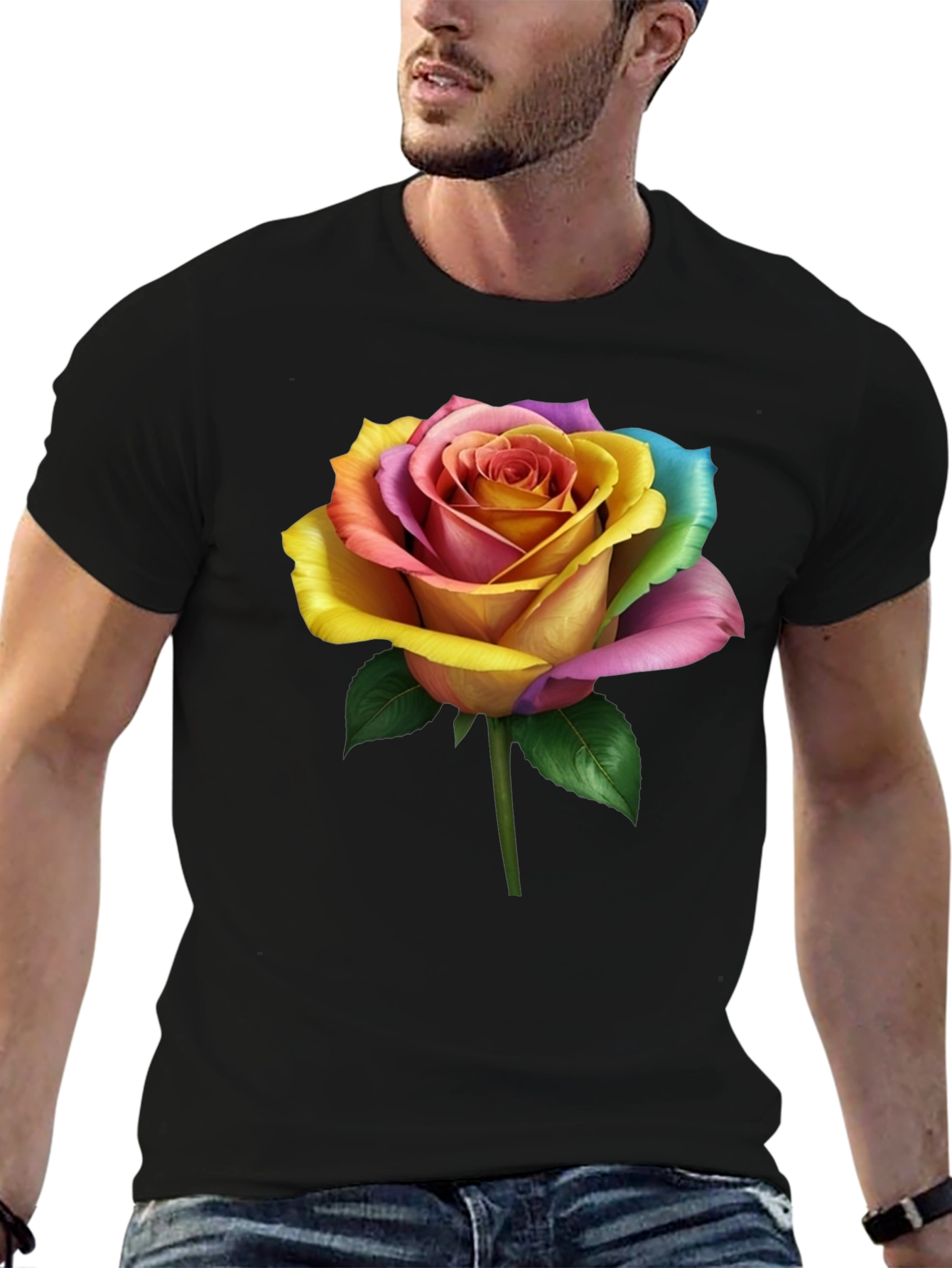 Rainbow Rose Graphic Tee - Unique Floral Design