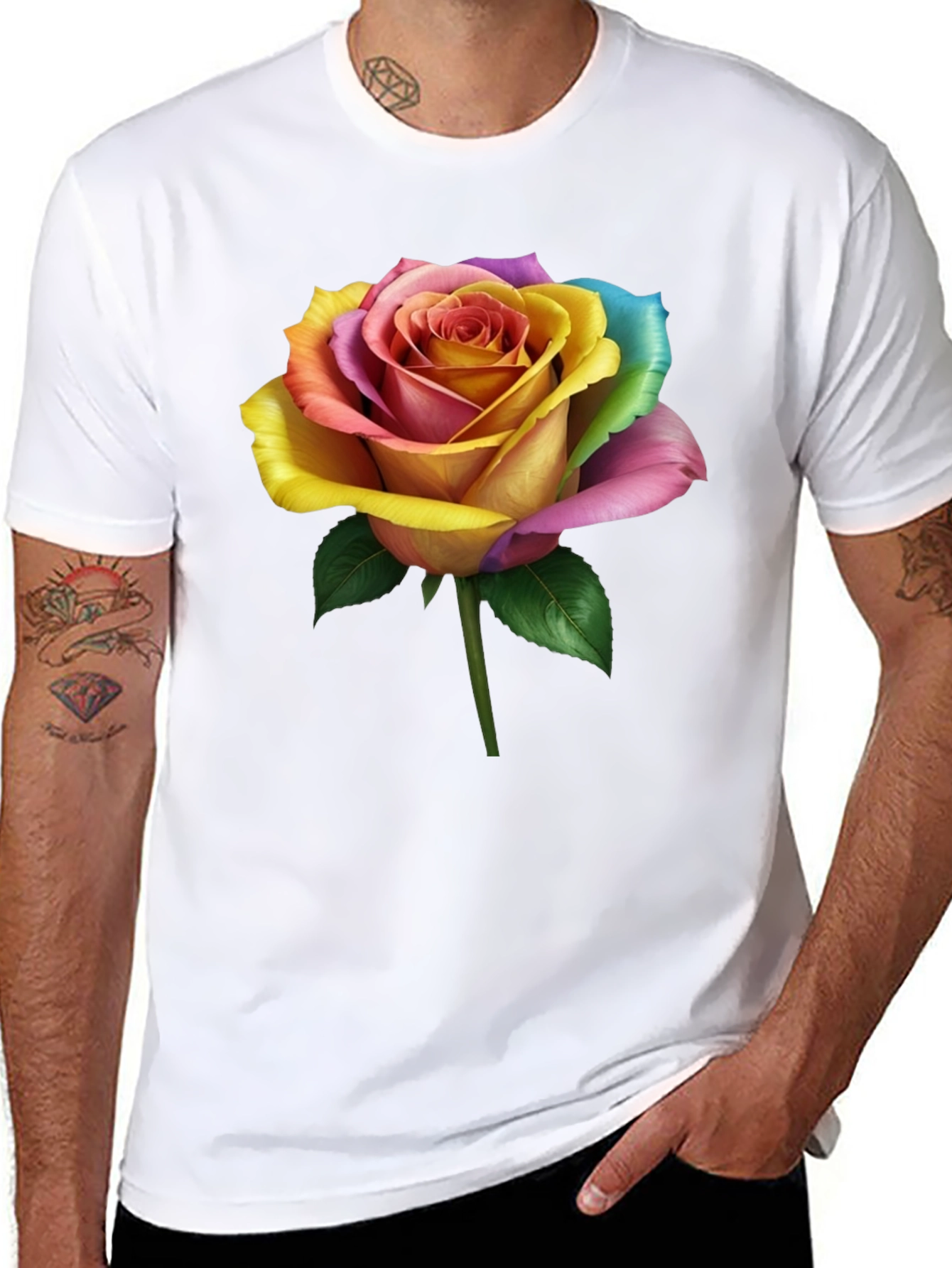Rainbow Rose Graphic Tee - Unique Floral Design