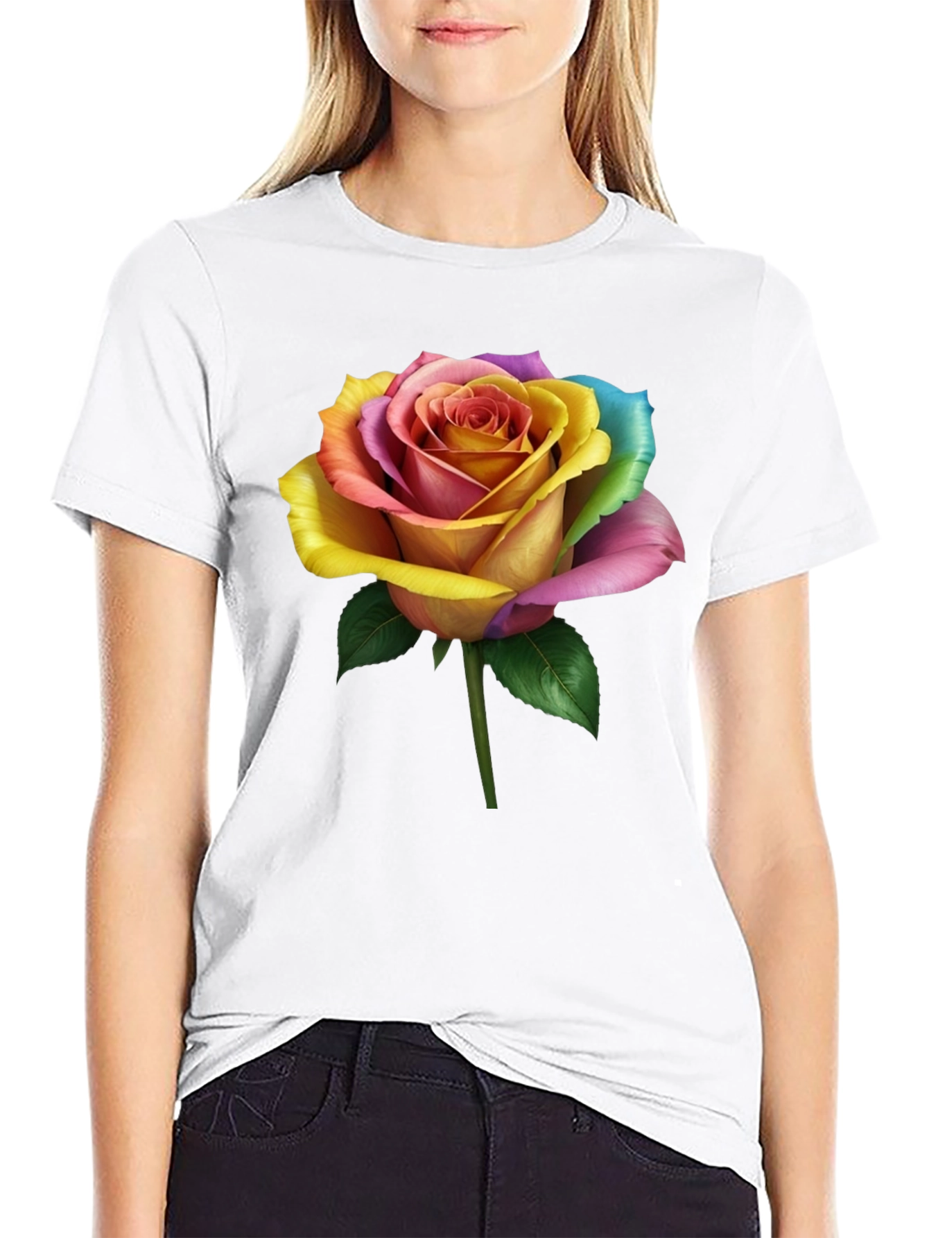 Rainbow Rose Graphic Tee - Unique Floral Design