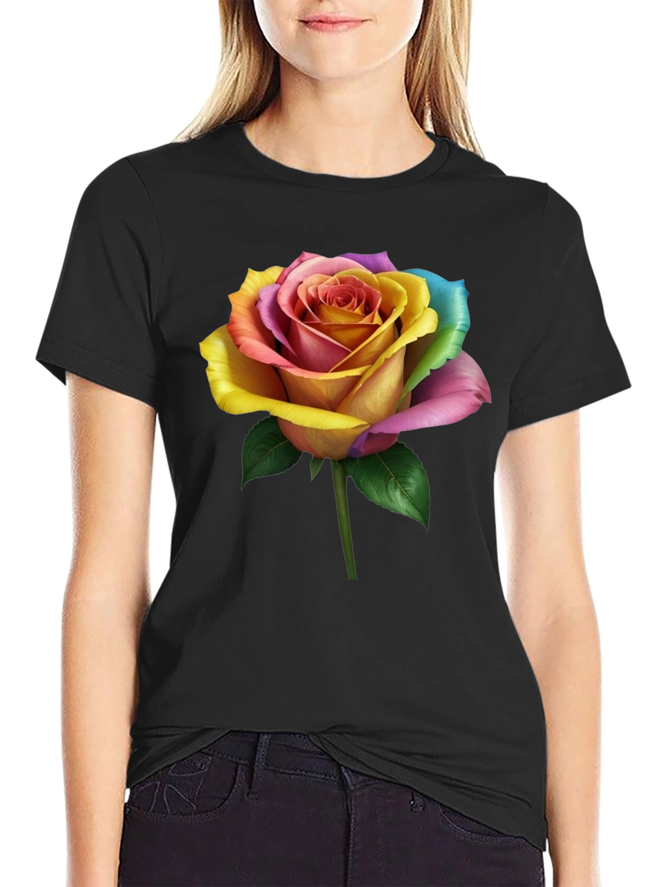 Rainbow Rose Graphic Tee - Unique Floral Design