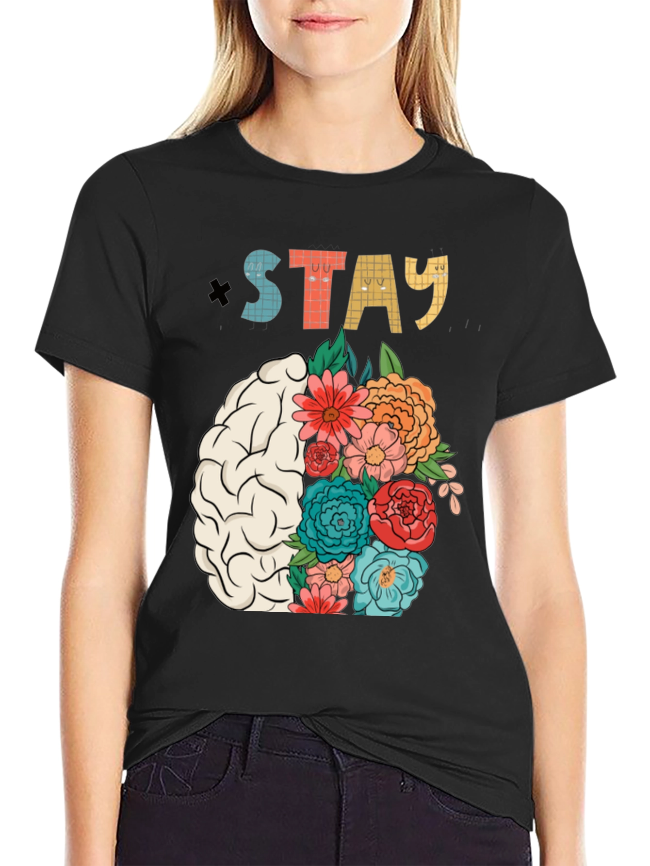 Stay Floral Brain Graphic T-Shirt