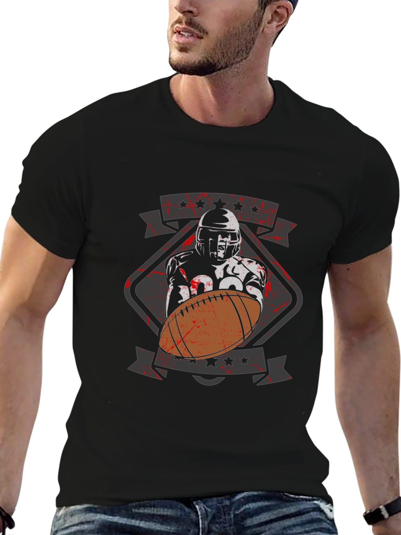 Football Player Graphic T-Shirt - Black Cotton Tee