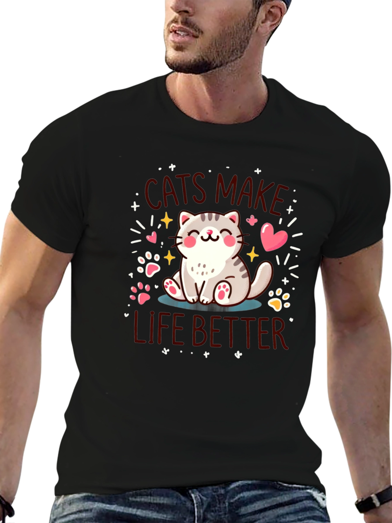 Cats Make Life Better Black T-Shirt