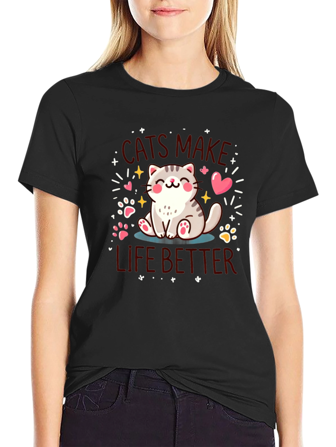 Cats Make Life Better Black T-Shirt