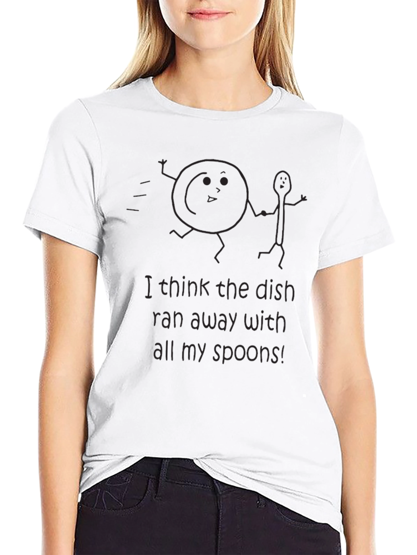 Humorous Dish Ran Away Graphic Tee - Black