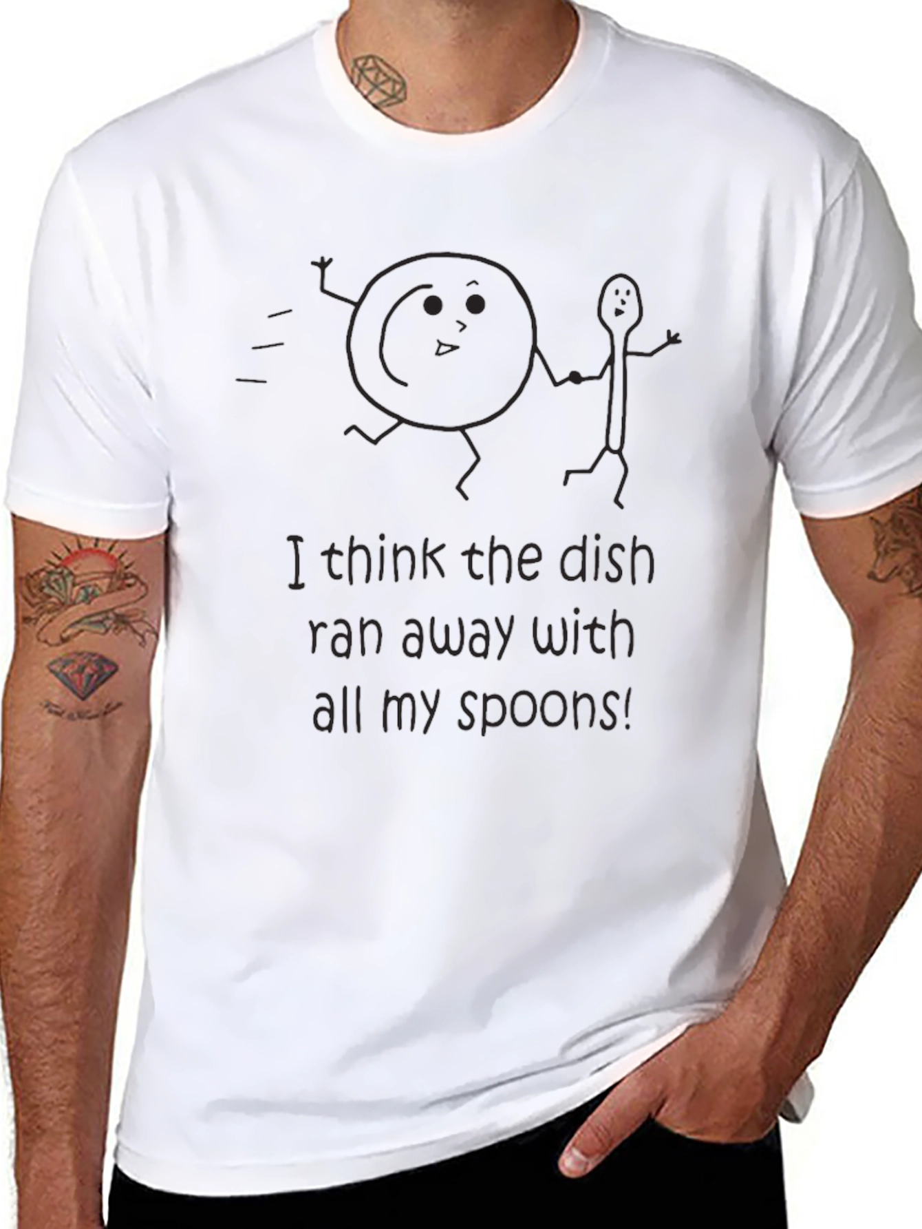 Humorous Dish Ran Away Graphic Tee - Black