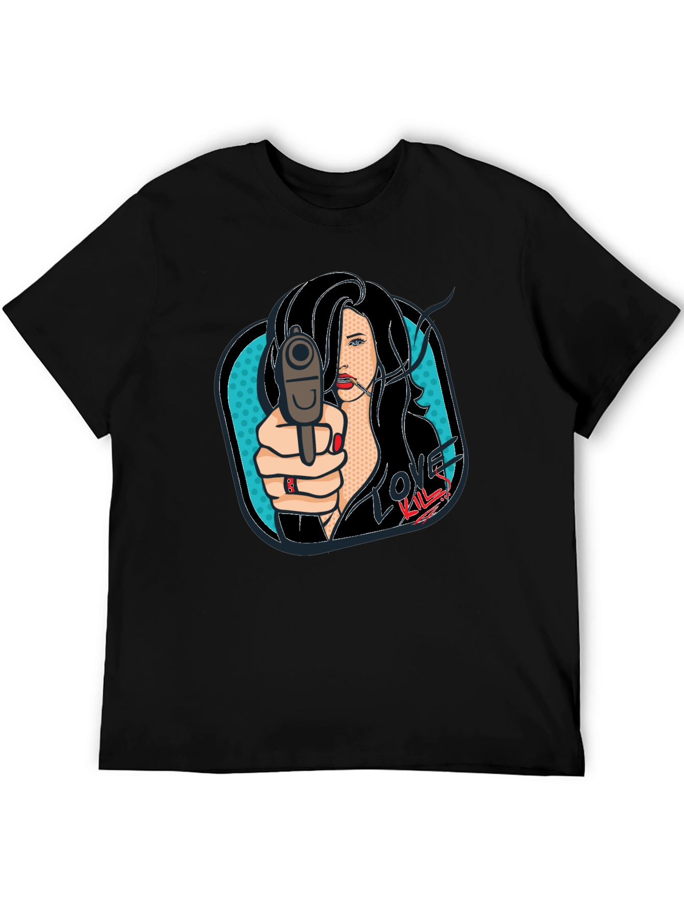 Love Kills Pop Art Graphic Print Black T-Shirt