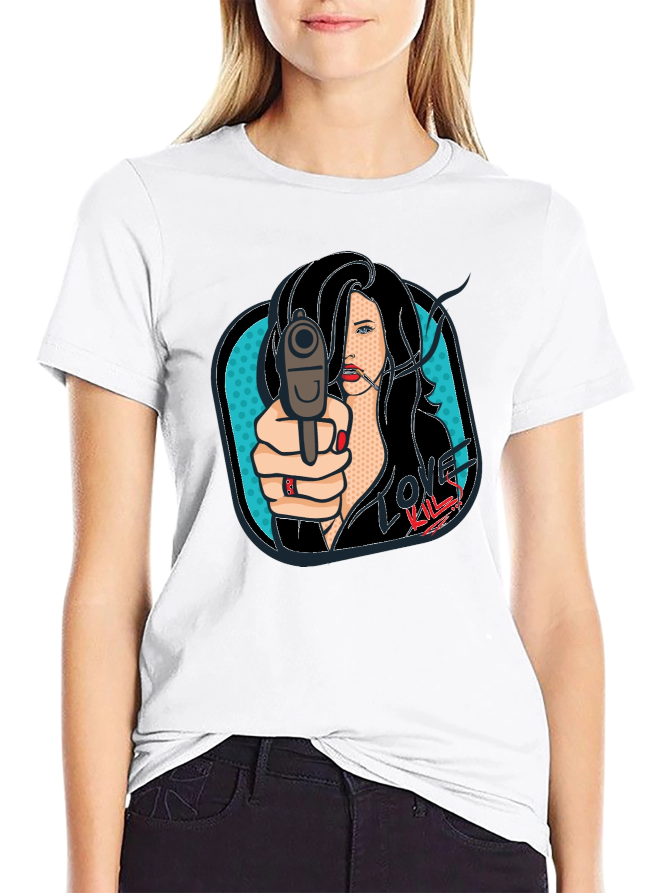 Love Kills Pop Art Graphic Print Black T-Shirt
