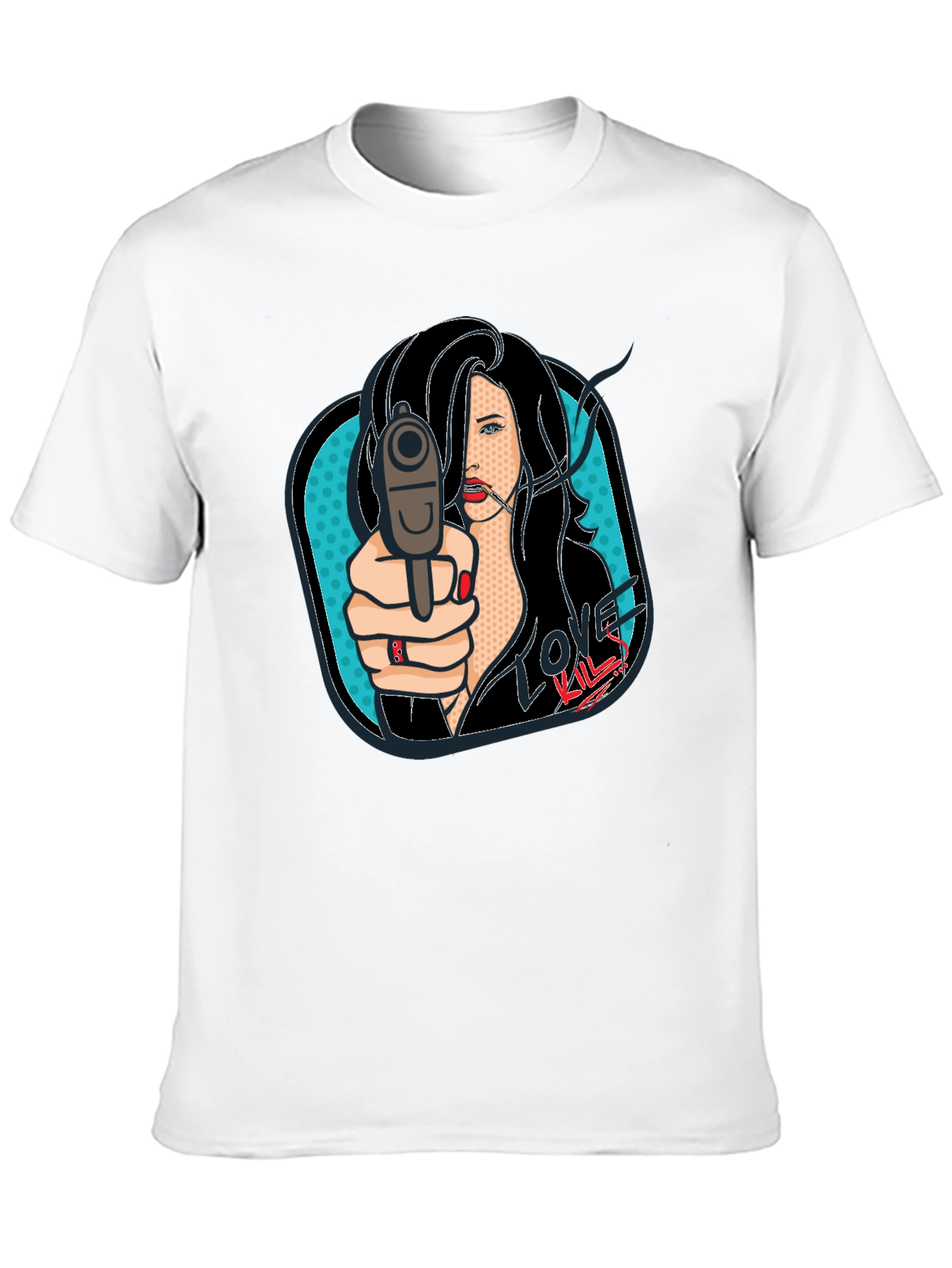 Love Kills Pop Art Graphic Print Black T-Shirt
