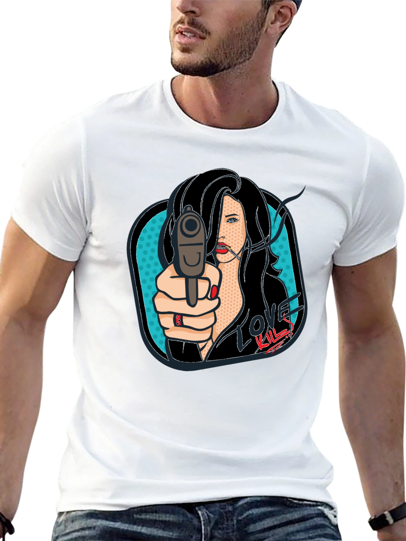 Love Kills Pop Art Graphic Print Black T-Shirt