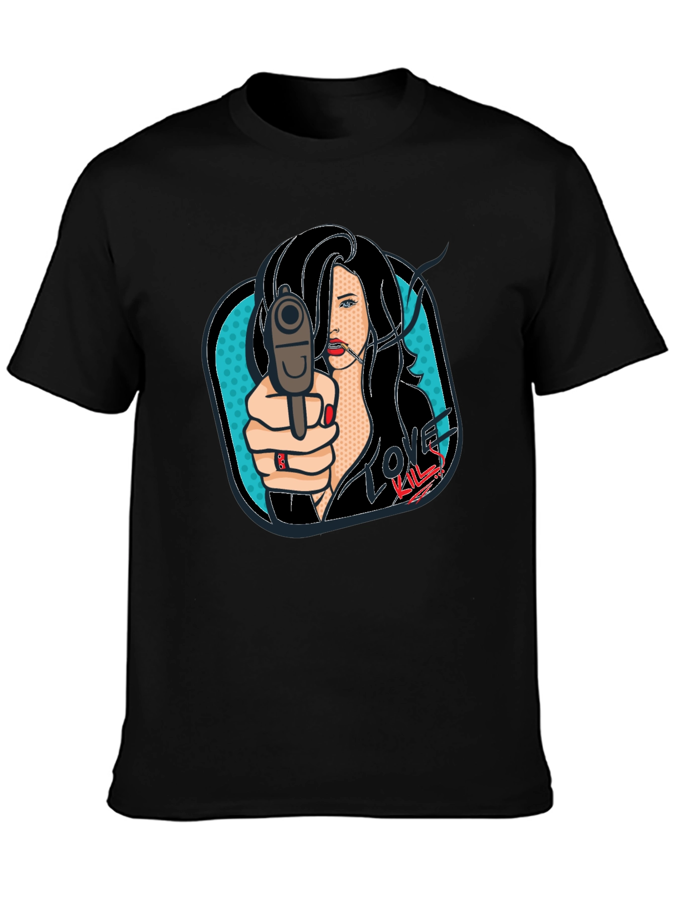 Love Kills Pop Art Graphic Print Black T-Shirt