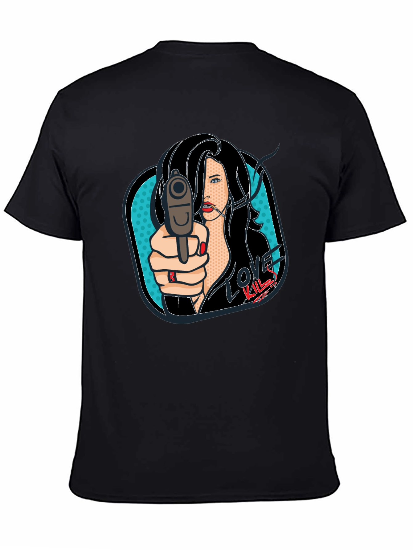 Love Kills Pop Art Graphic Print Black T-Shirt