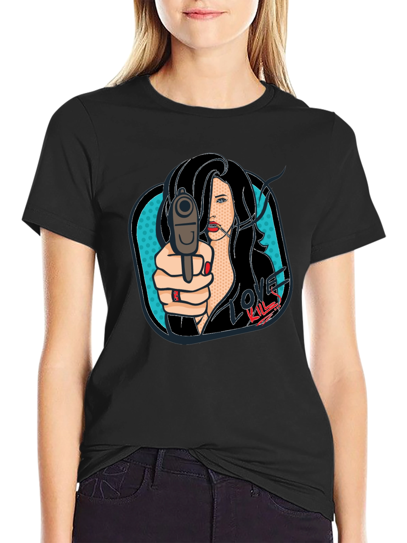 Love Kills Pop Art Graphic Print Black T-Shirt