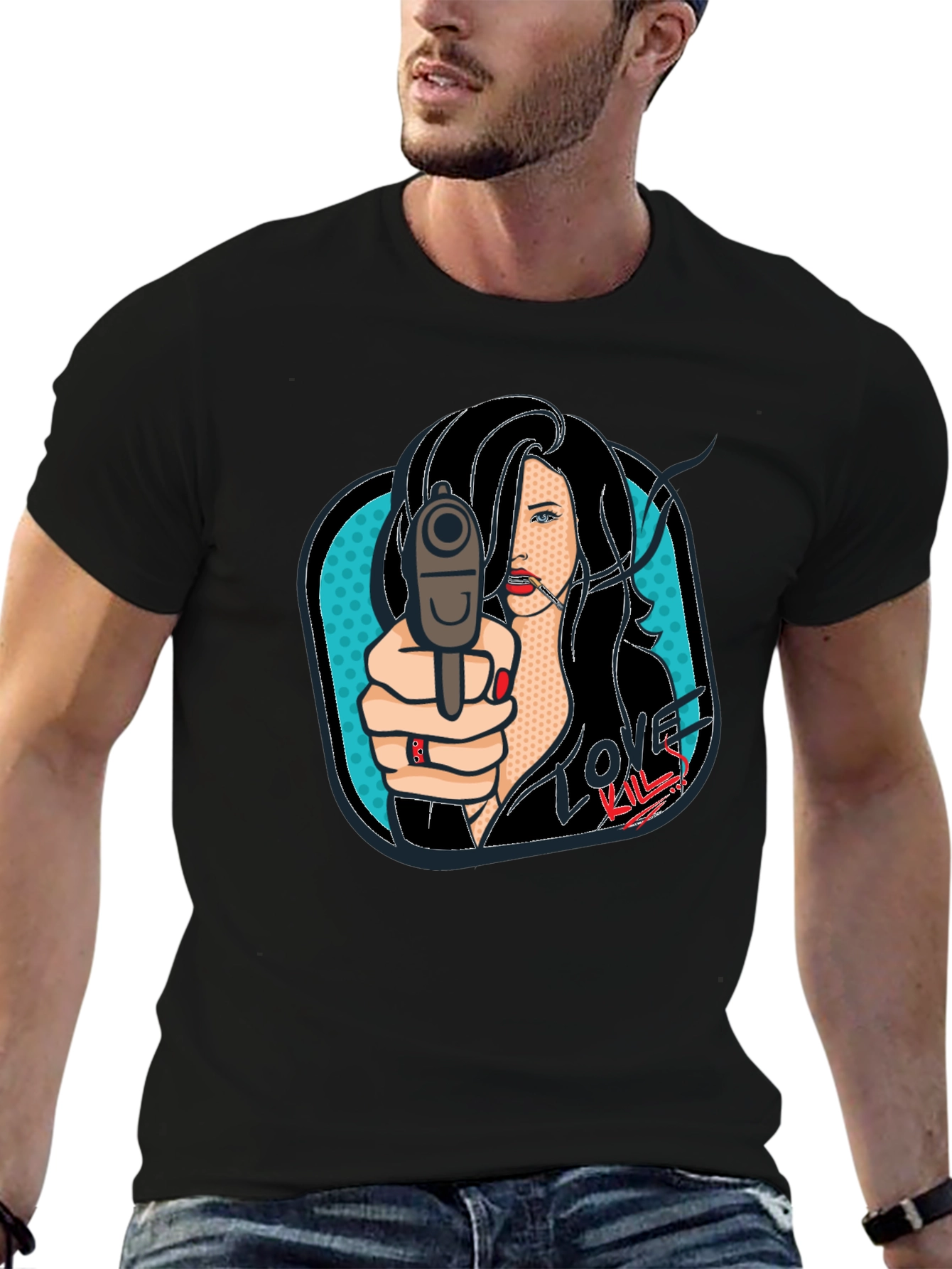 Love Kills Pop Art Graphic Print Black T-Shirt
