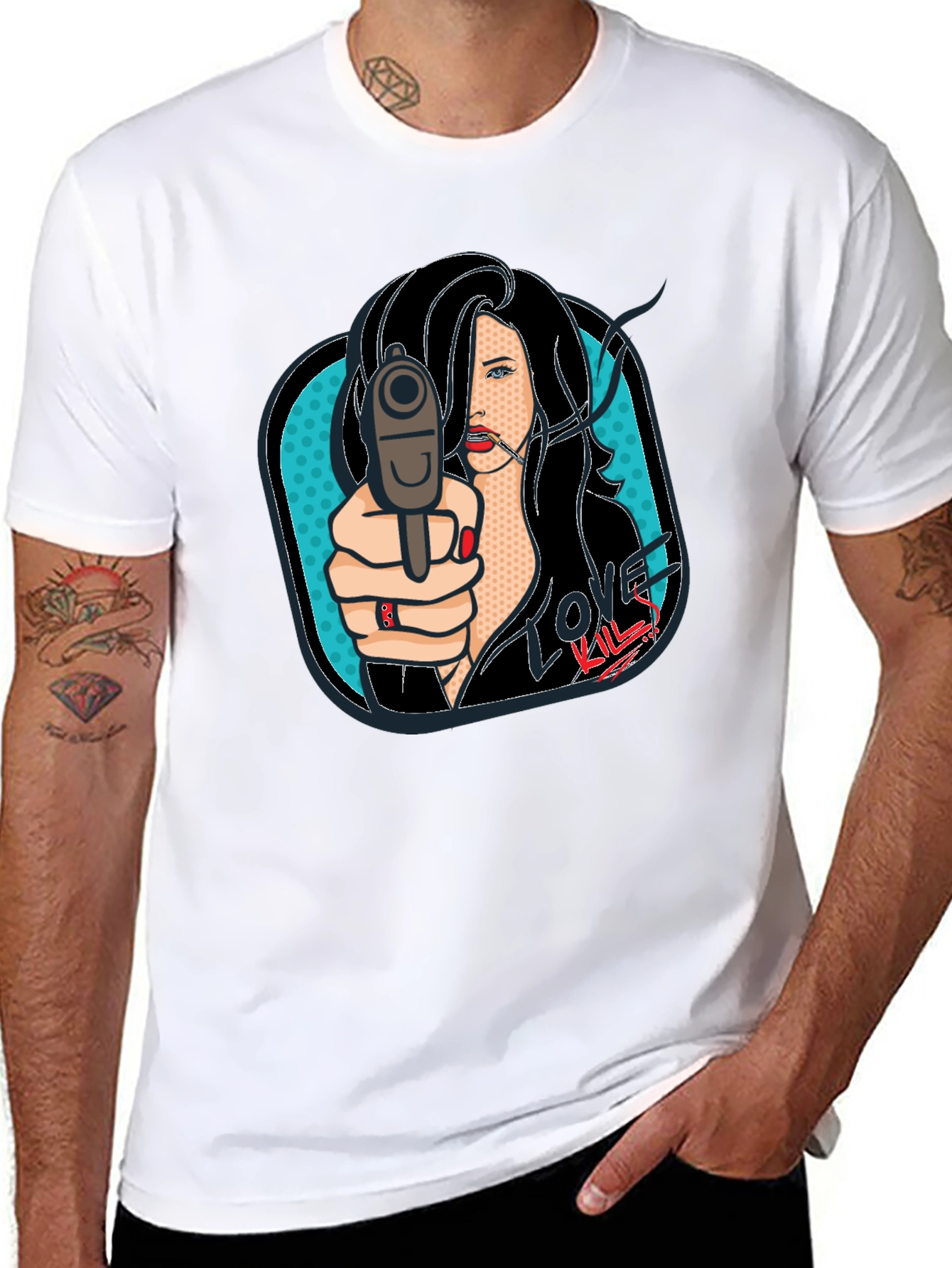 Love Kills Pop Art Graphic Print Black T-Shirt