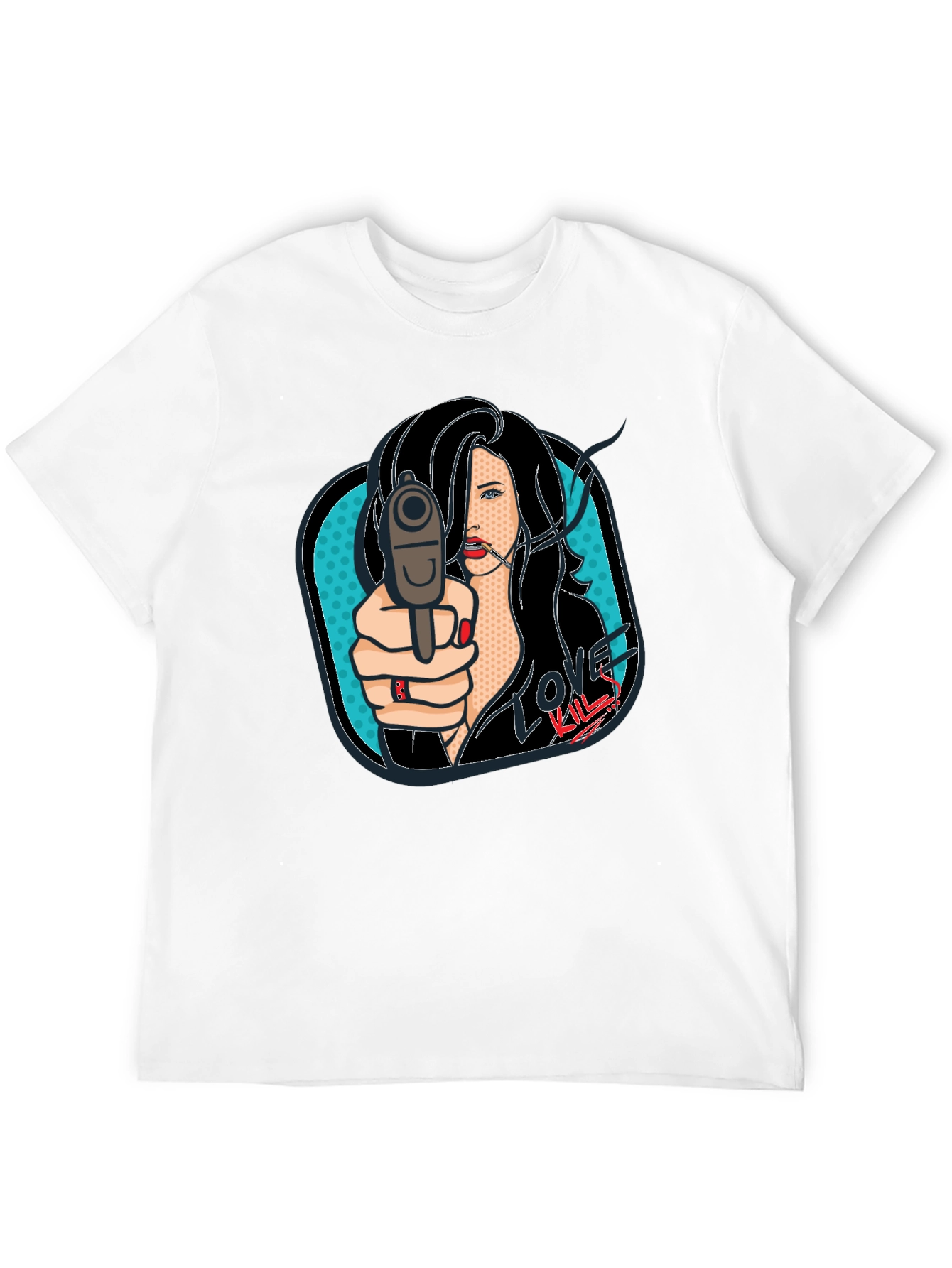 Love Kills Pop Art Graphic Print Black T-Shirt