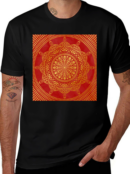Red & Gold Mandala Print Black T-Shirt