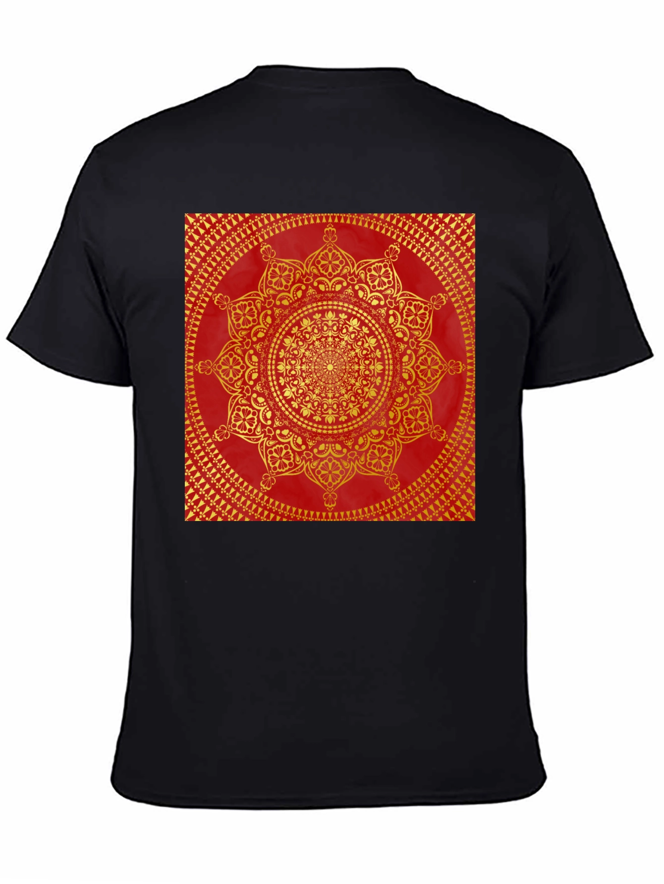 Red & Gold Mandala Print Black T-Shirt
