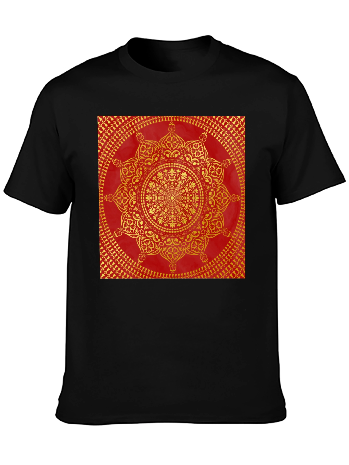 Red & Gold Mandala Print Black T-Shirt