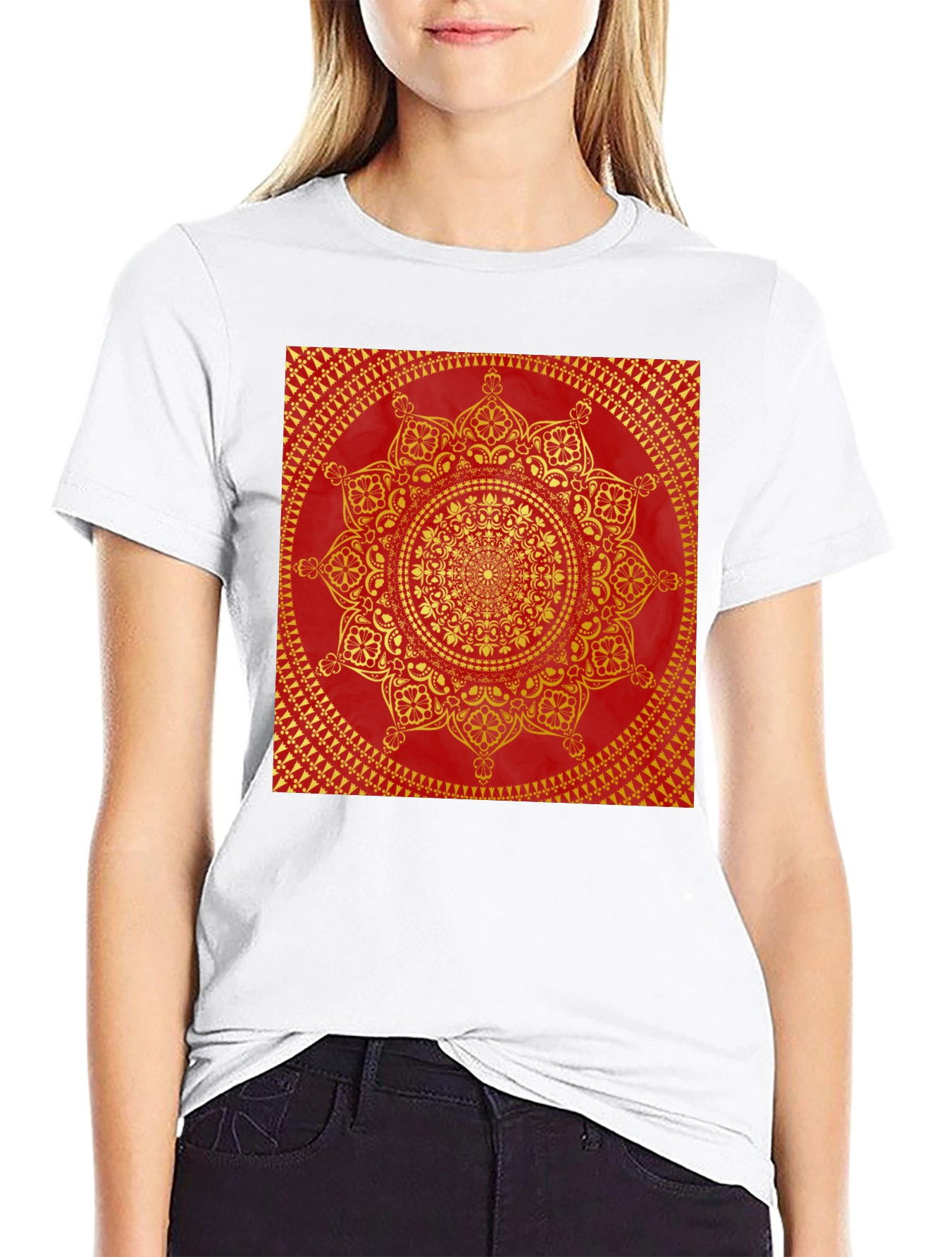 Red & Gold Mandala Print Black T-Shirt