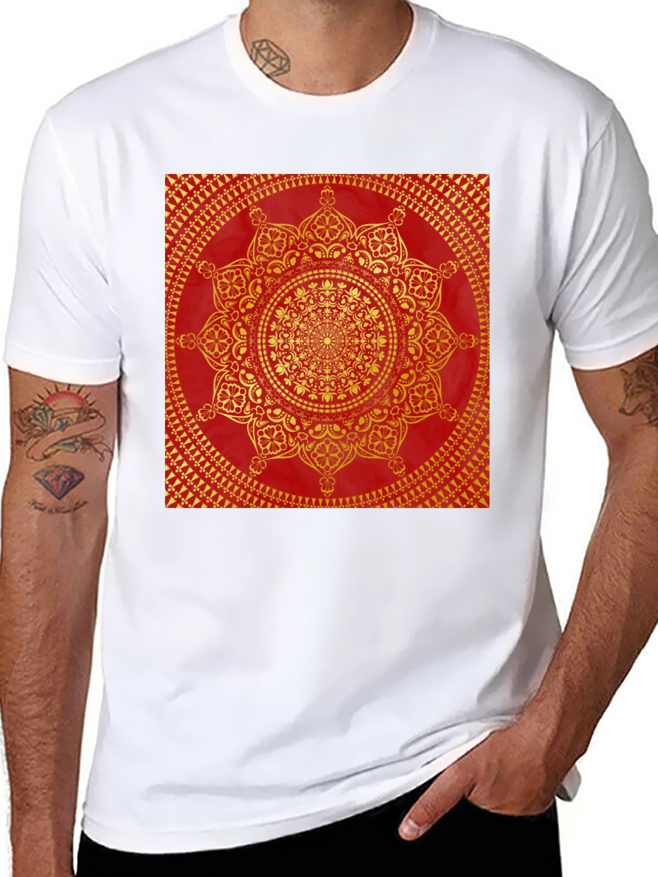 Red & Gold Mandala Print Black T-Shirt