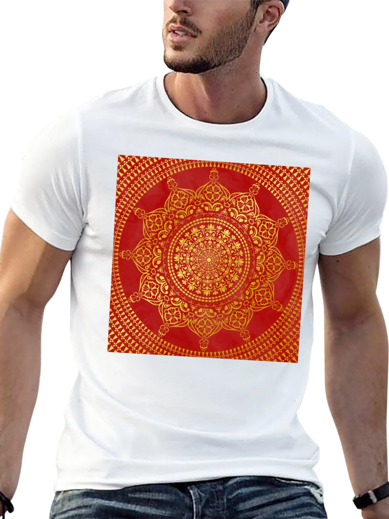 Red & Gold Mandala Print Black T-Shirt