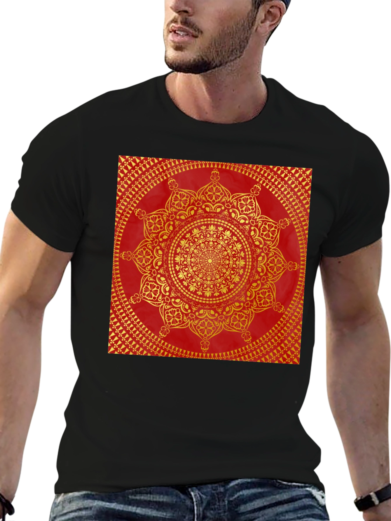 Red & Gold Mandala Print Black T-Shirt