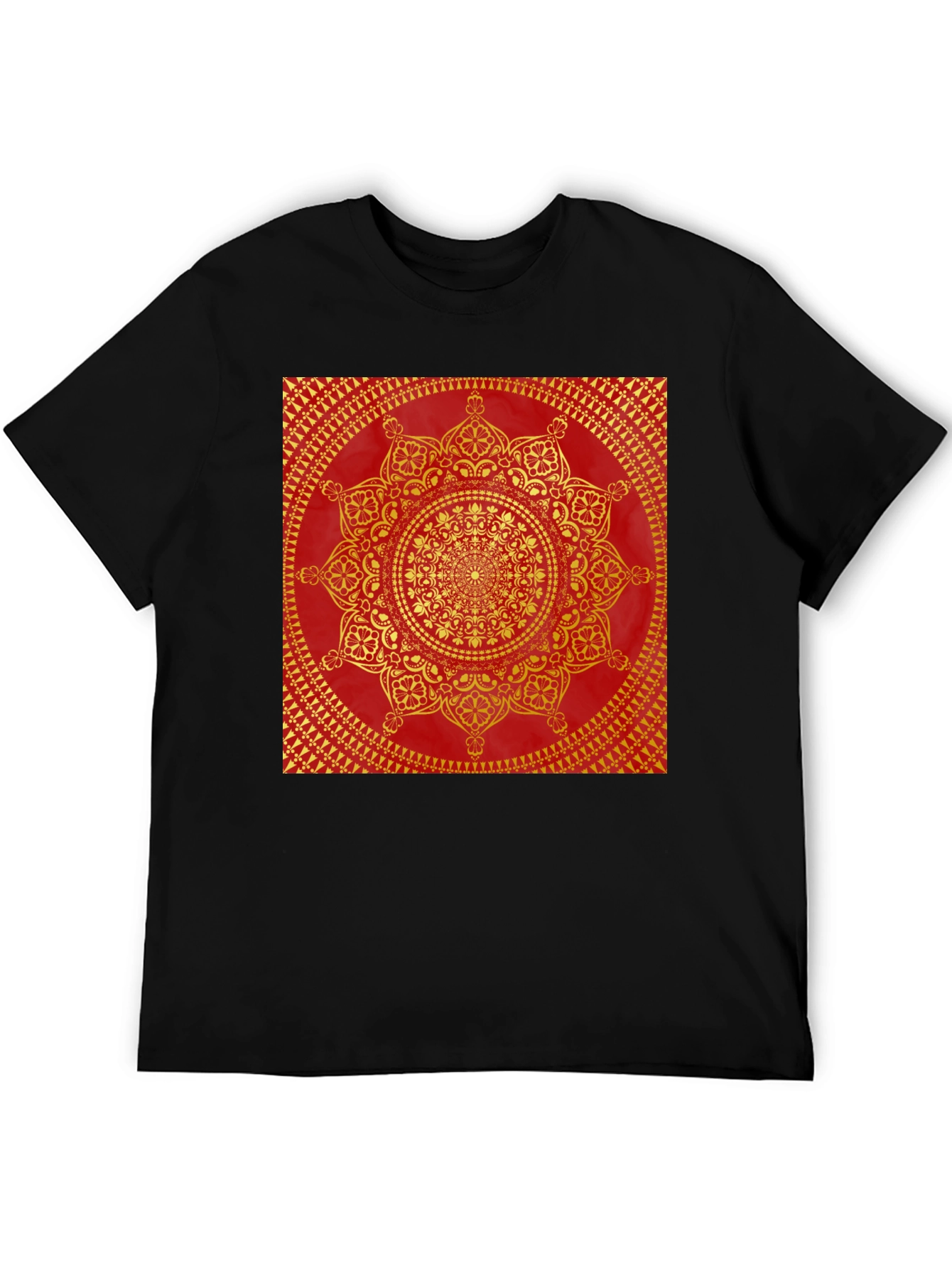 Red & Gold Mandala Print Black T-Shirt