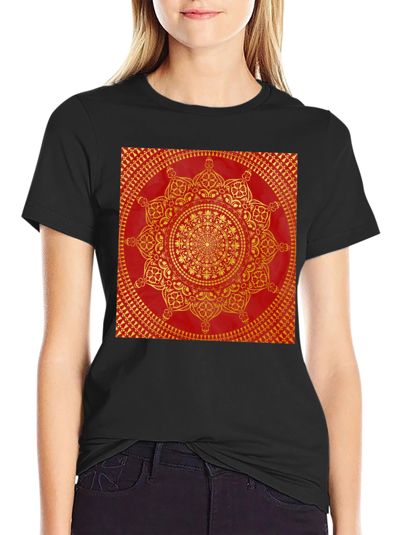 Red & Gold Mandala Print Black T-Shirt