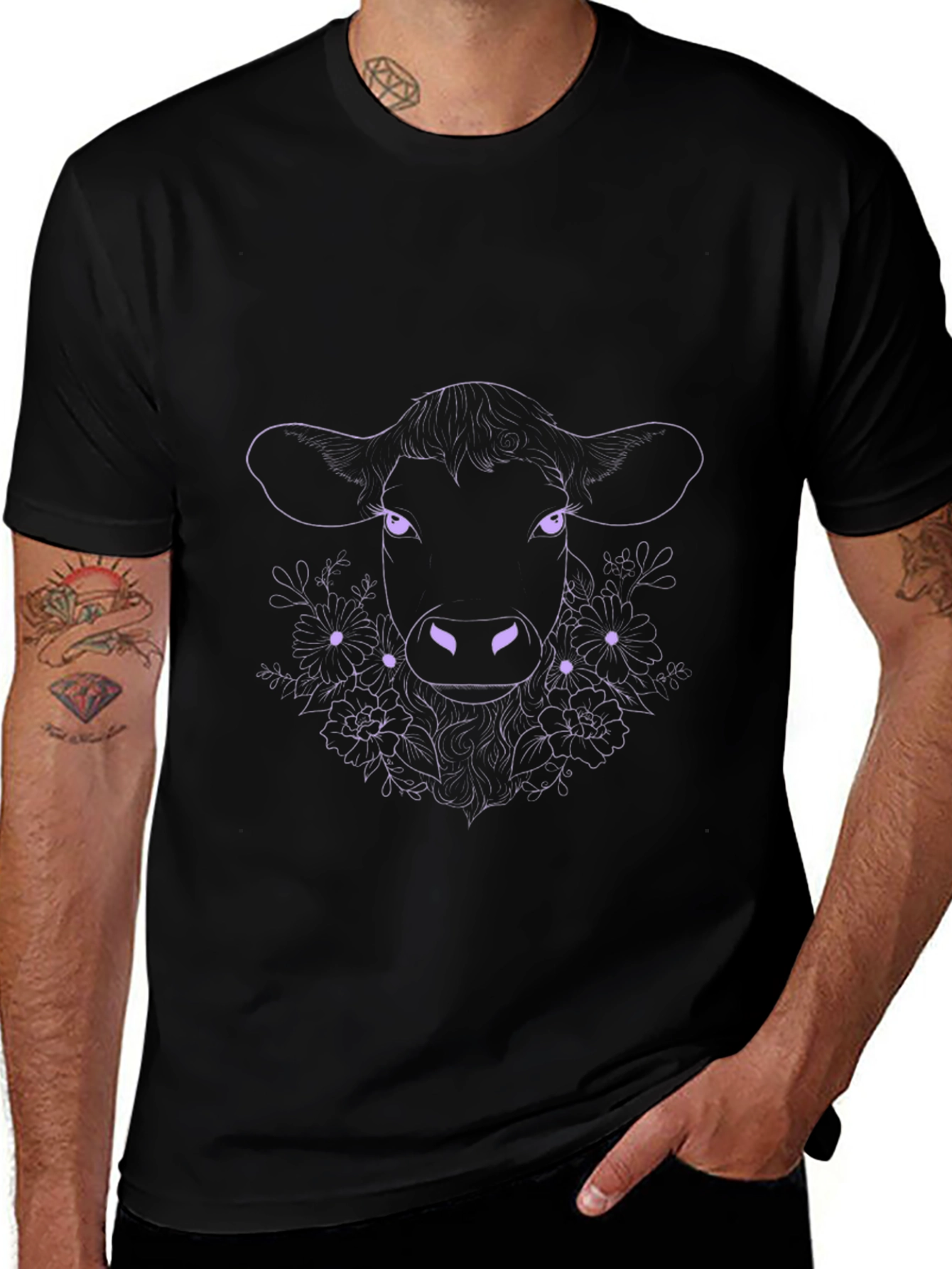 Floral Cow Graphic Tee - Black