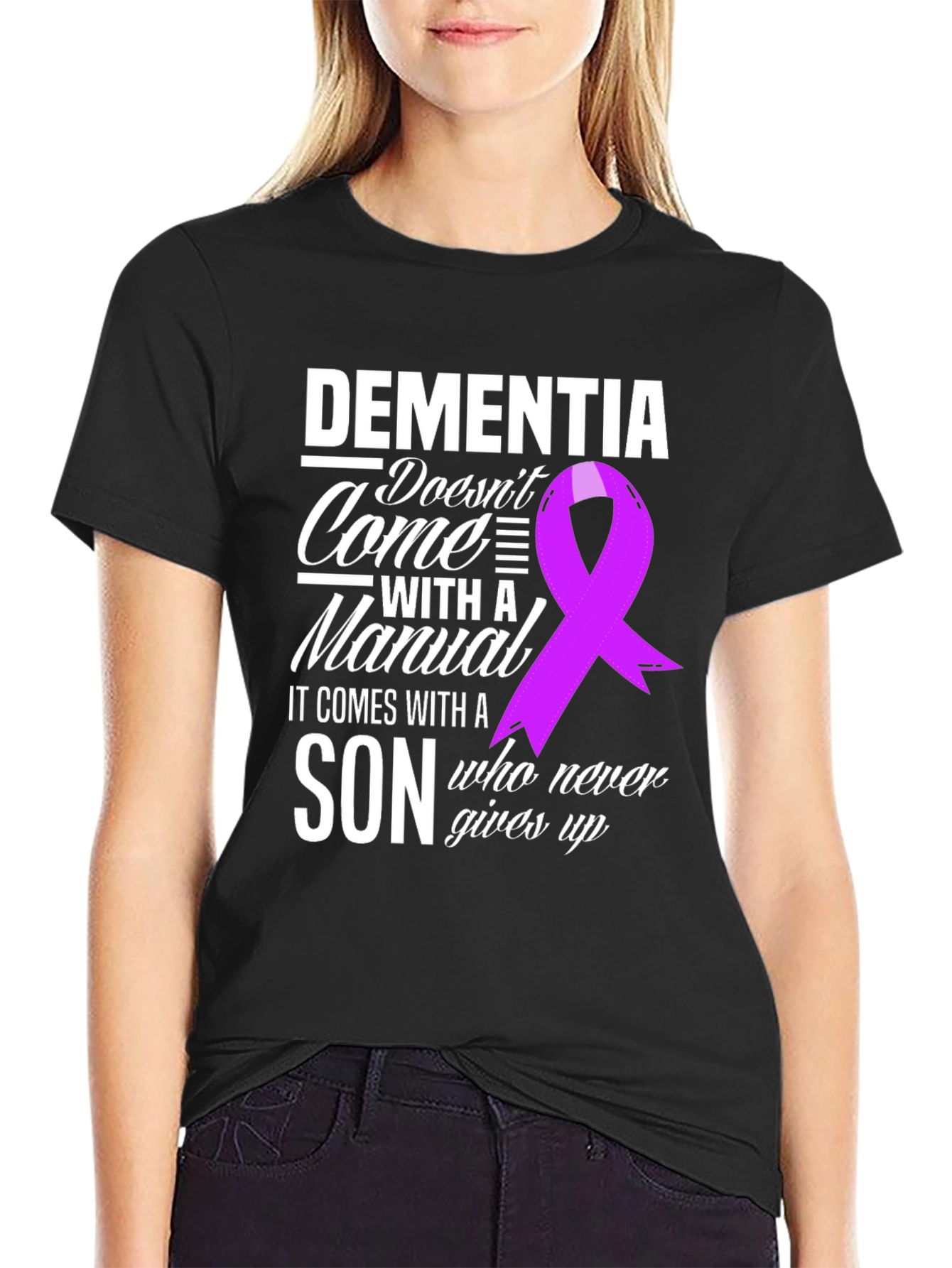 Dementia Awareness T-Shirt: Son Never Gives Up Ribbon Tee