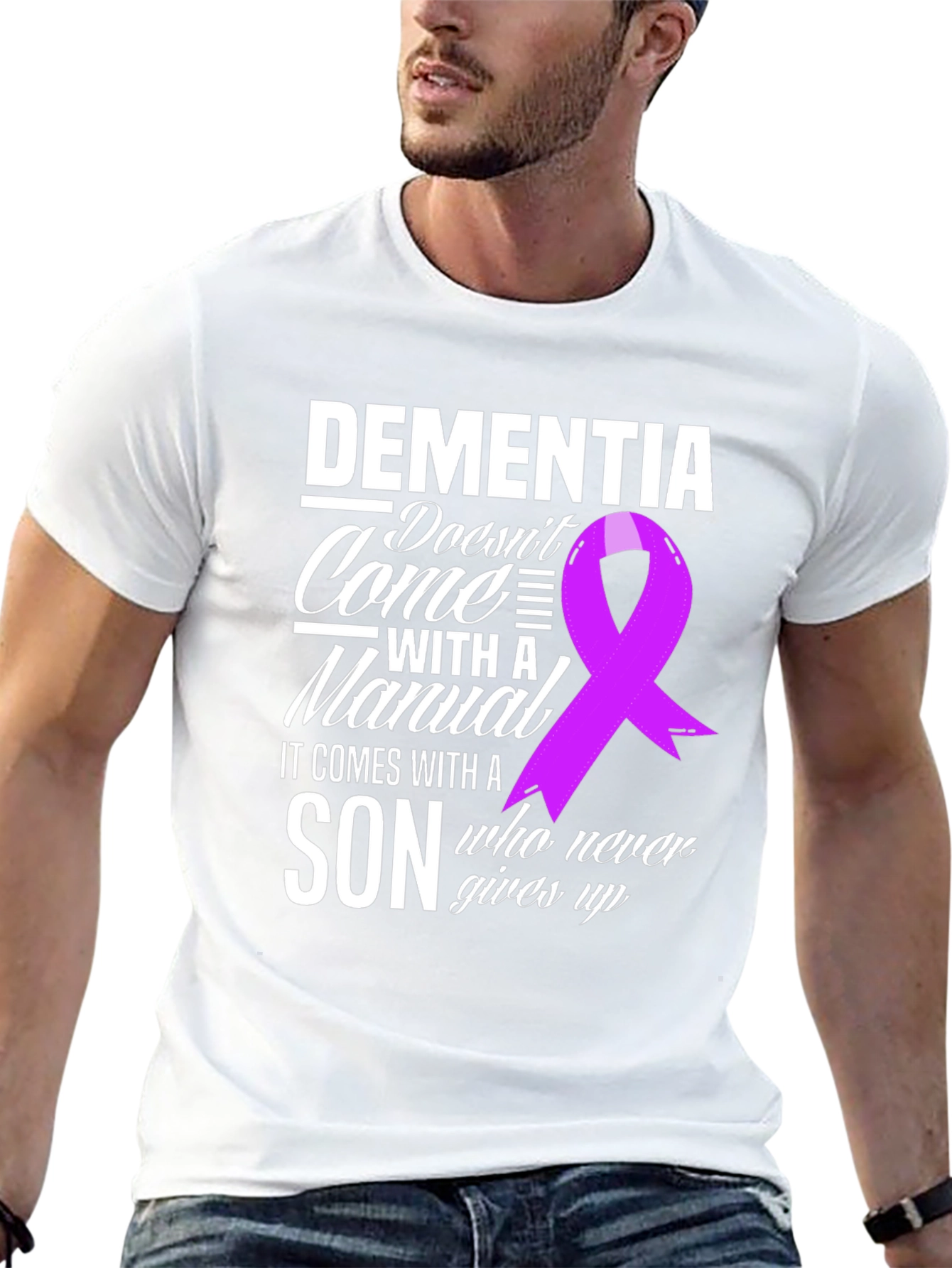 Dementia Awareness T-Shirt: Son Never Gives Up Ribbon Tee
