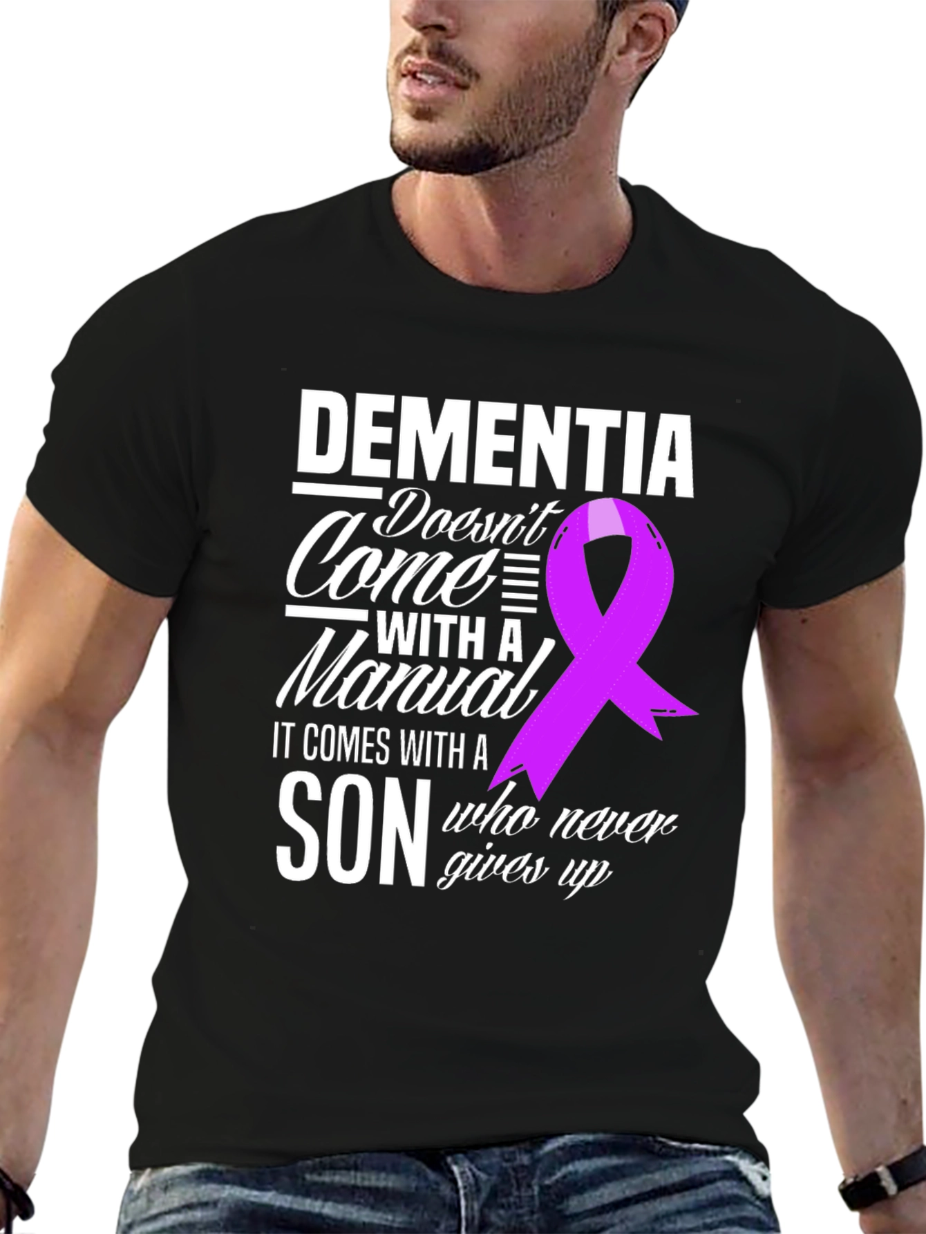 Dementia Awareness T-Shirt: Son Never Gives Up Ribbon Tee