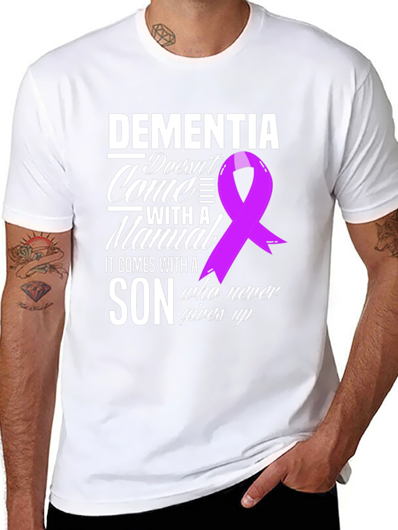 Dementia Awareness T-Shirt: Son Never Gives Up Ribbon Tee