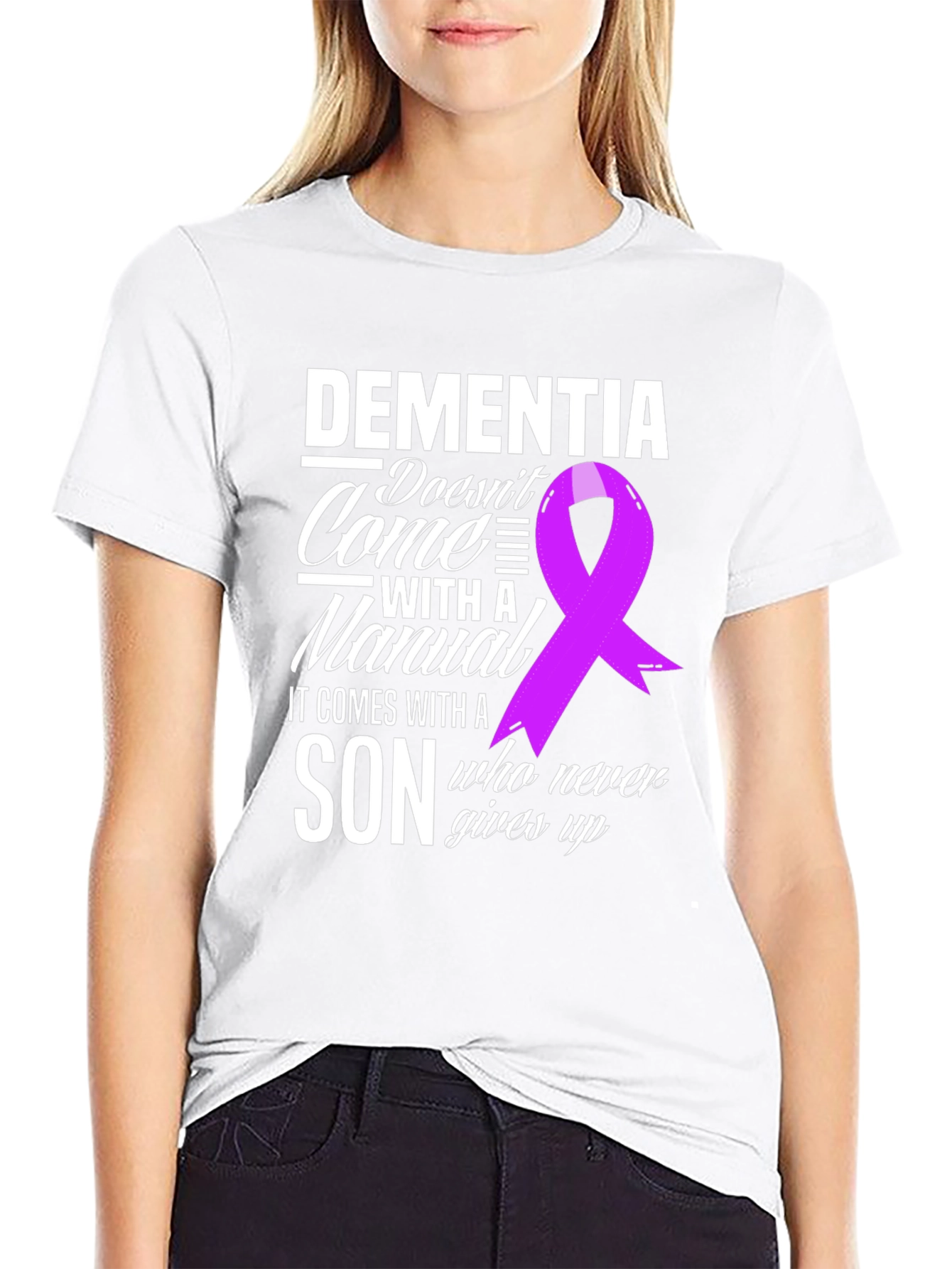 Dementia Awareness T-Shirt: Son Never Gives Up Ribbon Tee