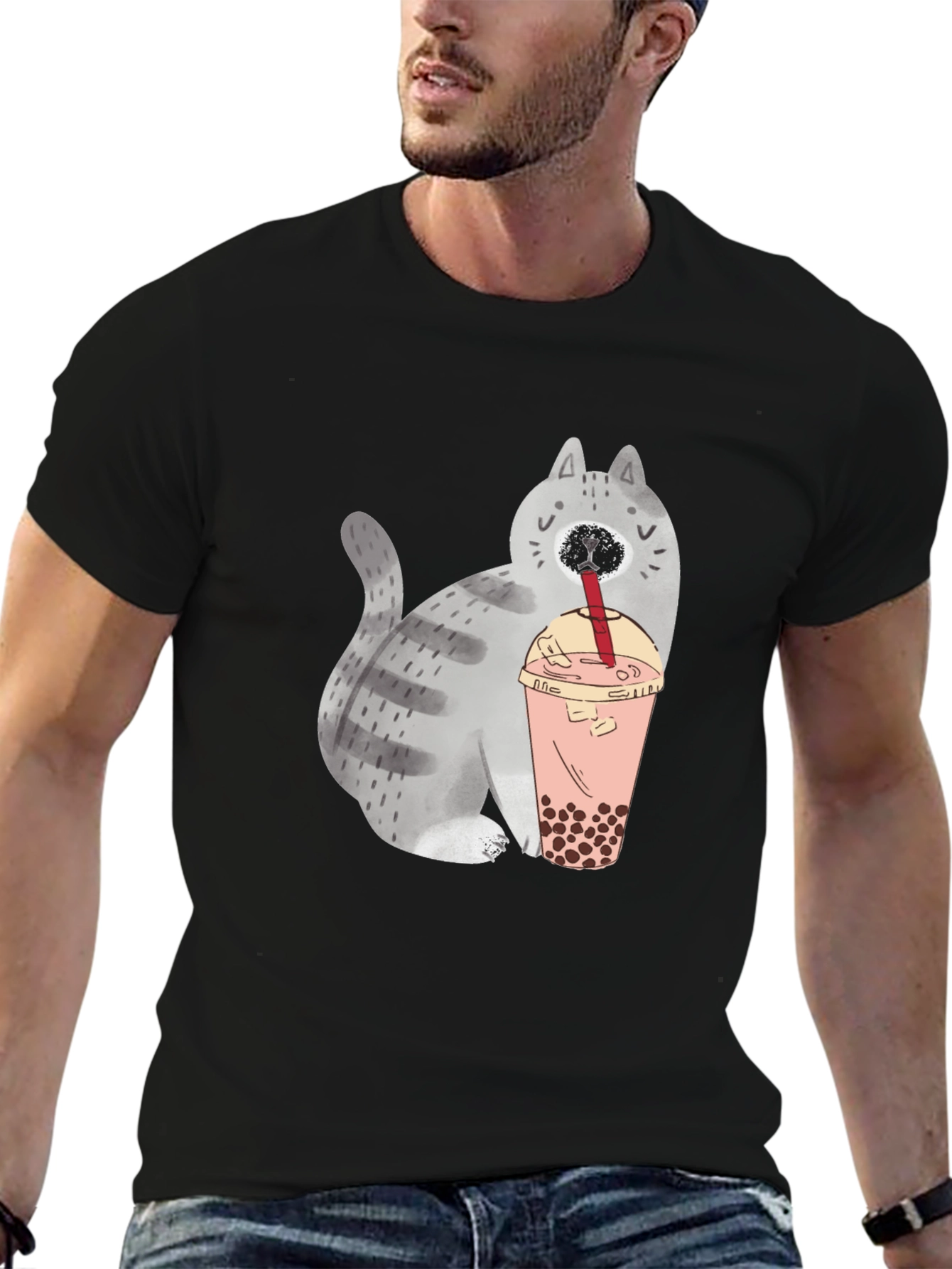 Cute Cat Boba Tea Graphic T-Shirt