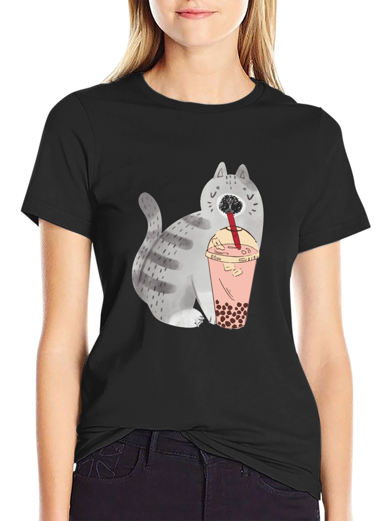 Cute Cat Boba Tea Graphic T-Shirt