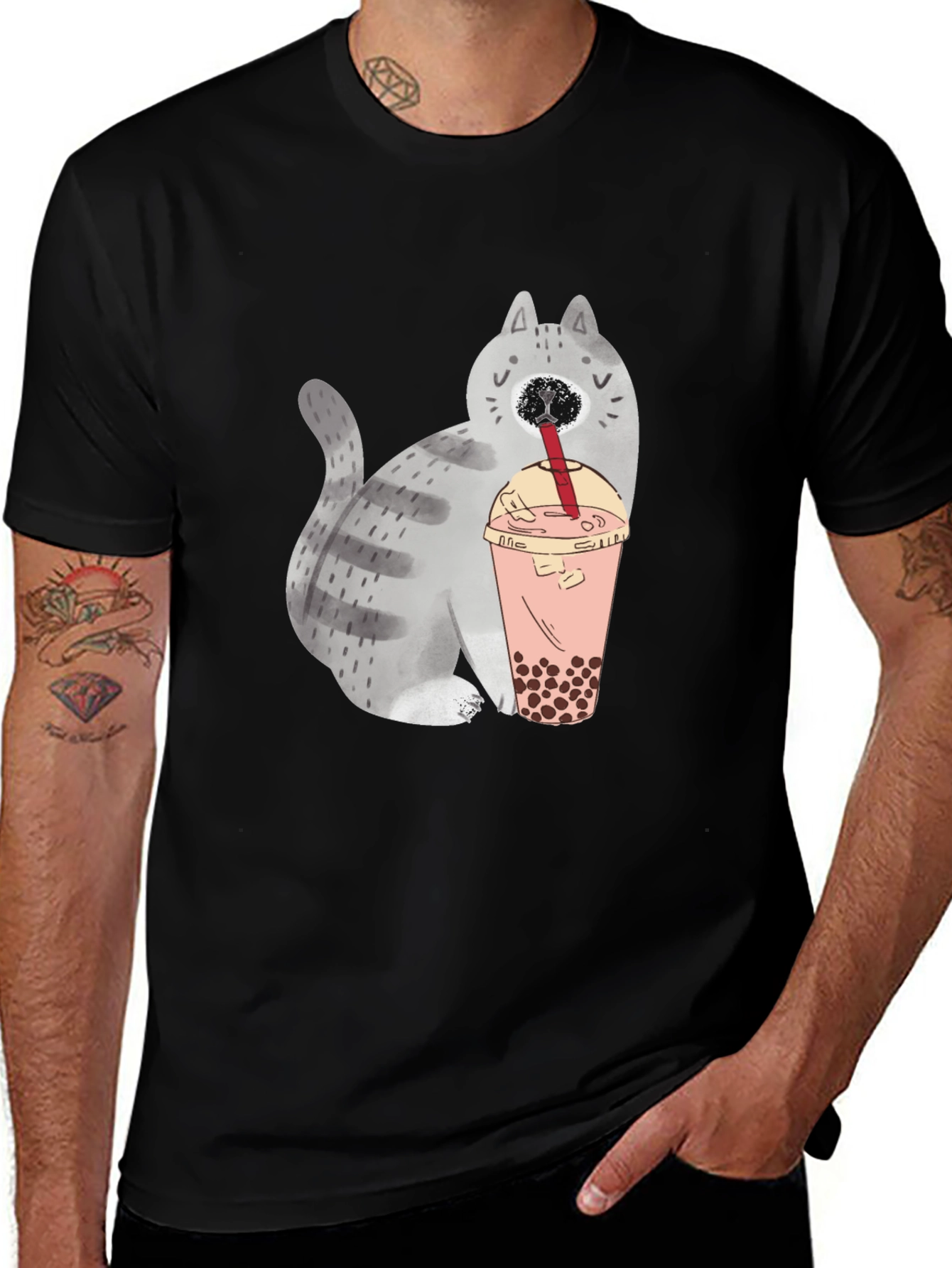 Cute Cat Boba Tea Graphic T-Shirt