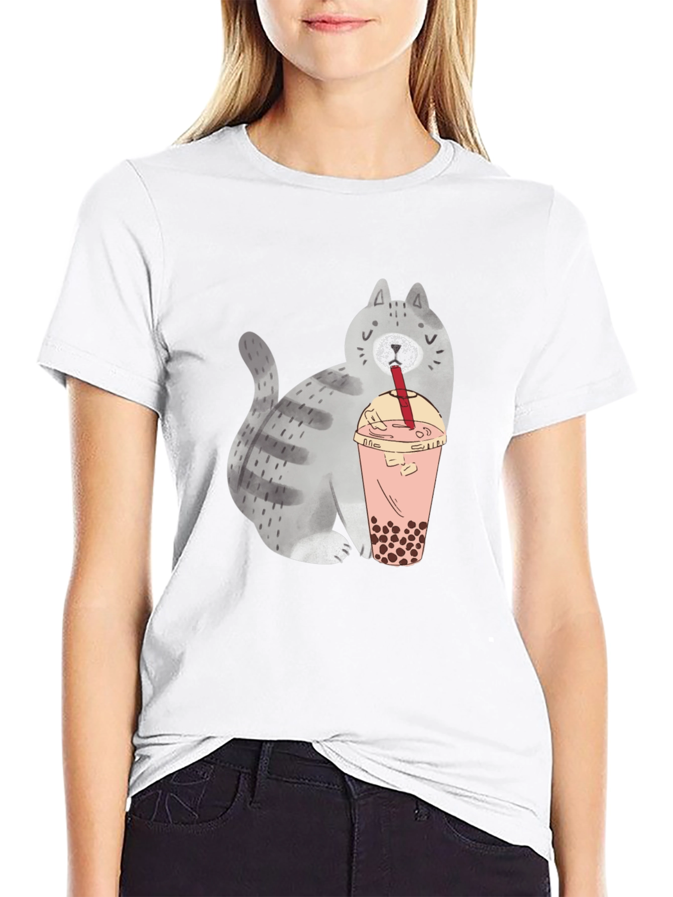 Cute Cat Boba Tea Graphic T-Shirt