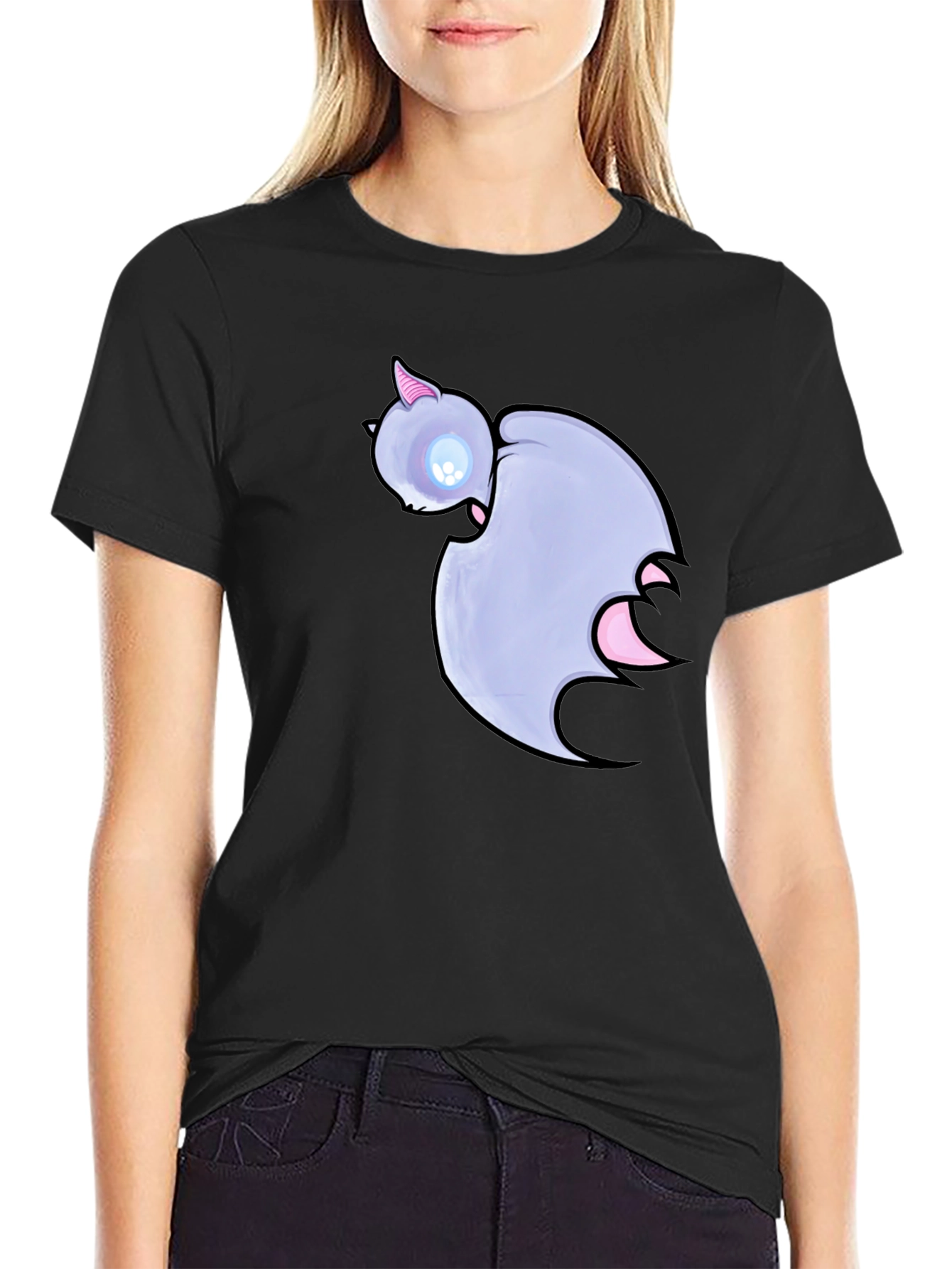 Cute Cartoon Bat Graphic Black T-Shirt
